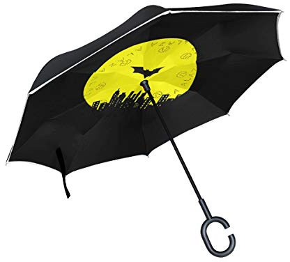 ISAOA Gro?e Schirm Regenschirm Winddicht Doppelschichtige Konstruktion seitenverkehrt Faltbarer Regenschirm f¡§1r Auto Regen Au?eneinsatz, C-f?rmigem Henkel hinh?ngen Batman Regenschirm