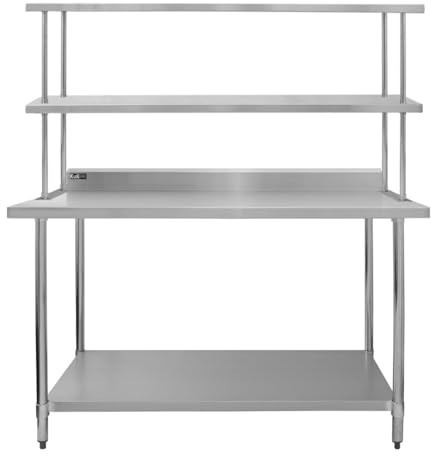 KuKoo 5ft Stainless Steel Commercial Home Preparation Work-table With Double Over-Shelf Work Bench Heavy Duty Prep-table 450kg Capacity