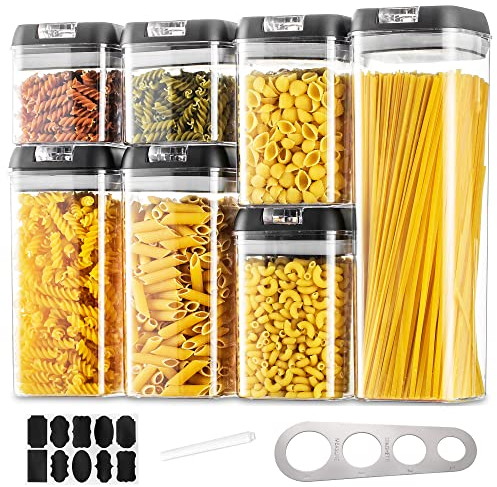 Hanobe Set di 7 contenitori per cucina con coperchio nero facile impilabile, per spaghetti cereali