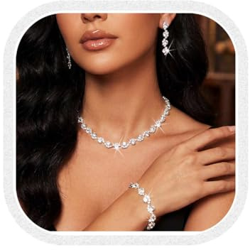 Ushiny Hochzeitsschmuck Sets Silber Braut Strass Halskette Ohrringe Armbänder Sets Zirkonia Schmuck Set Brautjungfern Schmuck Set für Frauen und Mädchen (#XT-033)