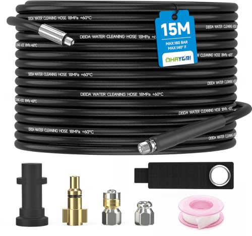OHAYORI 15M Rohrreinigungsschlauch, 180 Bar Rohrreinigungsset mit Düsen Starr + Rotierend, Adapter Kompatible für Hochdruckreiniger Kärcher K2 K3 K4 K5 K6 K7 Serie und LAVOR