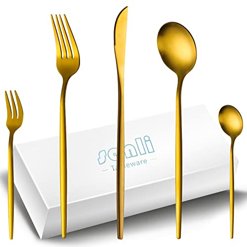 Besteck Matt Gold Set Für 12 personen,SANLI 60 Teilig Edelstahl Elegant Messer Gabel Löffel Geschirr Set,Spülmaschinenfest.…