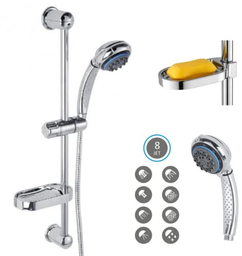Kit Asta Doccia Saliscendi con soffione 8 getti di acqua multifunzione, con tubo e portasapone, in ABS cromato, colonna per vasca da bagno