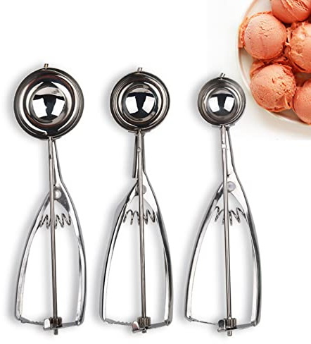 Eisportionierer-Set mit 3 Stück, 36L Edelstahl, Auslöser, kleine Keksschaufel, Set mit 3 Stück, zum Backen von Cupcakes, Eisportionierer