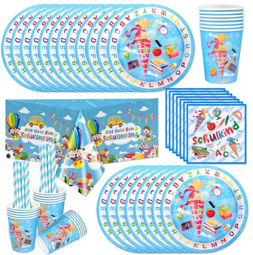 DPKOW Einschulung Deko Schulanfang Servietten Papier Teller Papier Strohhalme für Schulanfang Party Dekoration Tisch Dekoration Schuleinführung Schulanfang Einschulung Deko mädchen Jungen,80 Stücke