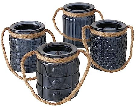 4 TLG. Windlicht-Set aus Glas – mit Kordel zum Aufhängen – dunkelgrau | Teelichthalter, verschiedene Designs für Romantisches Ambiente – Kerzenständer, Retro, Kristall, Ornamente – Seaside No.64