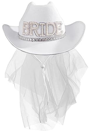 Sombrero blanco de vaquera para novia, ajustable, con velo, sombrero de despedida de soltera, decoración de cosplay Zorq