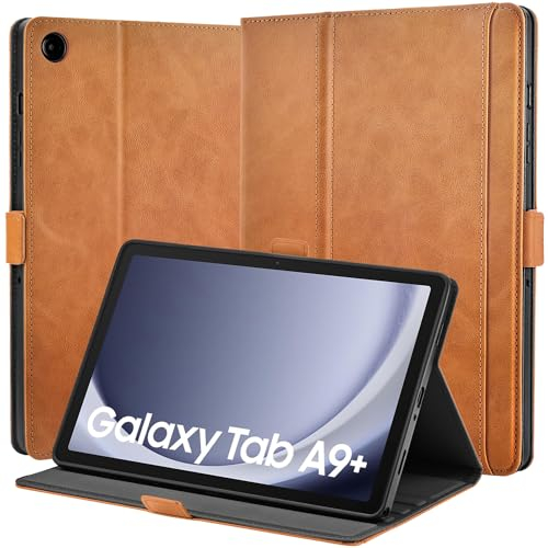 AsileCuir Handgemachte Hülle für Samsung Galaxy Tab A9 Plus 11 2023 (SM-X210 / X216 / X218),Premium veganem Leder,Magnetische Schutzhülle mit Tasche,Schreibwinkel Case,Auto Schlafen/Wachen,Braun