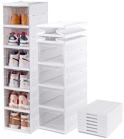 Vinteky Cajas de Zapatos, Grupo de 6 Organizadores de Almacenamiento, Cajas Zapatos Transparente, Caja Zapatero Plástico Plegable y Apilable (Blanco)