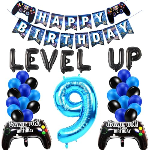 Geburtstag Deko 9 Jahre Junge, Gamer Geburtstagsdeko 9 jahre Junge, Videospiel Luftballon 9. Geburtstag, Schwarz Blau Ballons Zahl 9 Folienballon für Kinder Jungen Party Dekoration