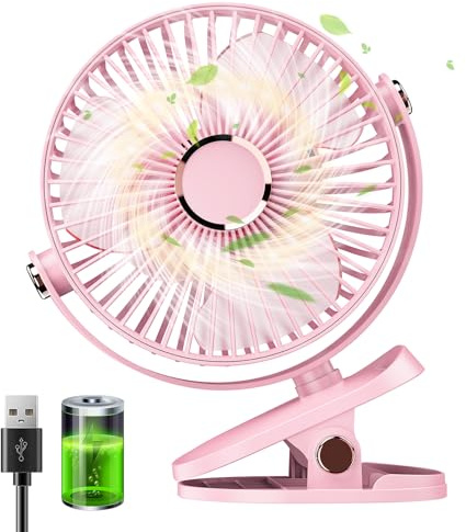 Huifengjie Clip Ventilator Klein Tischventilator USB Ventilator Leise, 5000mAh Mini Ventilator USB-Ventilatoren 5 Geschwindigkeiten 720° Drehung, Kleiner Ventilator für Zuhause Büro Camping(Rosa)