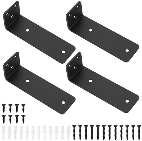 4 Pezzi Staffe per Mensole Pesanti, Reggi Mensola da Muro, Staffa per Mensola, Staffe a L in Metallo, Staffe di Supporti per Scaffali, Mensole in Legno Montate a Parete, Nere, (4.92 pollici/125 mm)