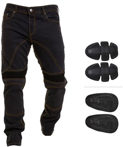 Juicy Trendz mäns Kevlar motorcykeljeans: rustade, skyddande och eleganta cykelbyxor för ultimat säkerhet och komfort, Jet-svart, 34W x 30L