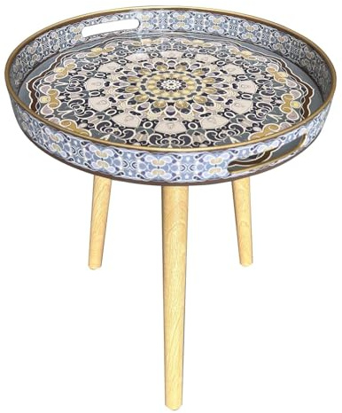 Simmer Stone Beistelltische für den Innenbereich mit 3 abnehmbaren Beinen aus Holz, vielseitiger Tabletttisch, perfekt für den runden Couchtisch, Tee und entspannte Momente, 45 cm (blaue Blume)
