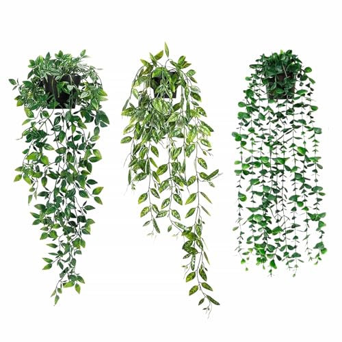 Artificial Hanging Plants with Pot, Fake Vines Plants, Faux Fake Indoor Trailing Plants Decor, Eucalyptus Peas Mandala, for Home Bathroom Garden Office Wedding Wall Decoration Outdoor Gift (3)