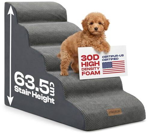 Miorun Dog Stairs for High Beds Up to 30, Extra-Tall 5-Step Dog Steps for Bed, 24.5 Tall Foam Pet Stairs for Small & Medium Dogs, Gentle Slope Cat Ramp for Bed with Washable Cover