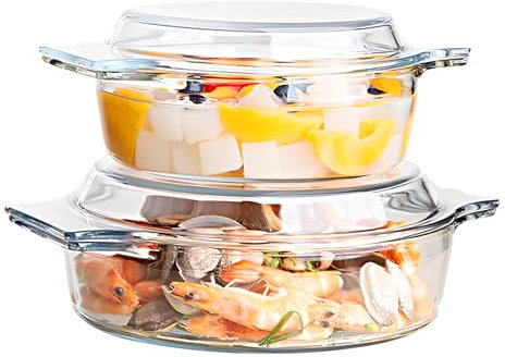 Dokeno 2 Pezzi Fuente de Cristal para Horno, Cacerola de Vidrio con Tapa, 1L + 1.5L, Cacerola Redonda, Transparente, Apto para Microondas, Cazuela de Vidrio para Lasaña, Cocina