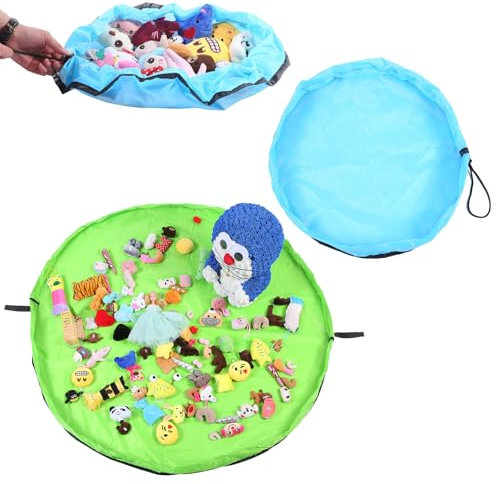 Guador 2 Stücke Spielzeug Aufraeumsack Teppich Decke Sack für Spielzeug Aufbewahrung Matte Tasche Spielmatte Sack von Kordelzug mit Kappe wie Reisetasche Aufräumsack für Kinder (Grün und Hellblau)