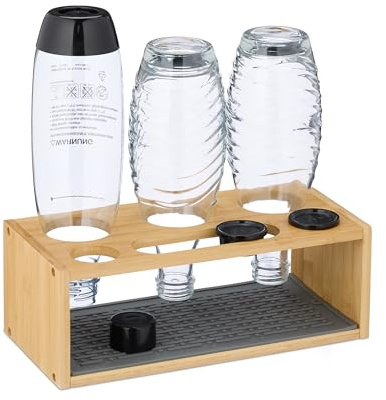 Relaxdays Scolabottiglie da Lavandino, Compatibile con Bottiglie Sodastream, Supporto per 3 Borracce, in bambù, Naturale, 11 x 31 x 14,5 cm