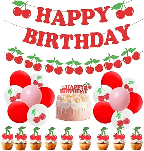 Juego de 46 decoraciones de fiesta de cumpleaños con temática de cerezas para niñas, pancarta de feliz cumpleaños con purpurina roja, decoración de pastel con temática de cereza, guirnalda para