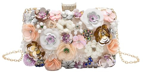 lapulio Blumen-Abendtasche für Damen – Perlen-Clutch mit Pailletten & Strass, elegante Handtasche für Hochzeit und Party mit Ketten