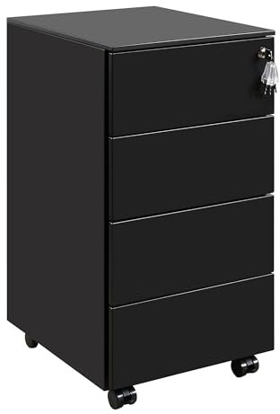 LVSTEEL Rollcontainer mit Schubladen, Mobiler Aktenschrank unter Schreibtisch, Abschließbarer Büroschrank, Druckertisch, 4 Schubladen 4 Schlüssel, Vormontiert, Büro, Homeoffice, Schwarz