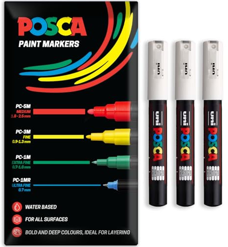Posca Water Based Acrylic Paint Marker Pens | Multi Surface Use Permanent Paint Pen | Pack of 3 Pens in Envelope Gift Packaging | Glass, Fabric, Canvas, Wood etc | PC-1M, White