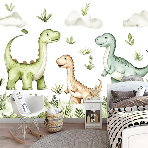 Générique Papier peint panoramique inspirant 300 x 210 cm - Revêtement mural décoration pour Salle de séjour Chambre enfant cuisine - Papier Peint 3D- Dinosaures à l'aquarelle Photo Murale