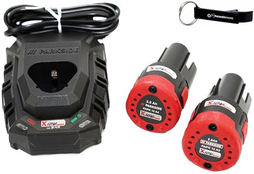 HEADNMORE® Bundle - Parkside® 12V / 2Ah Akkuset 2X Akku PAPK 12 A4 2 Ah + 1x Ladegerät PLGK 12 A3 + HEADNMORE® Schlüsselanhänger