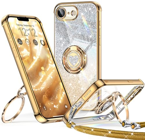 XYZ für iPhone 17E / 16E Hülle mit Band, Herzen Doppelring Ständer | Luxus Glitzer HandyHülle Kameraschutz, Frauen Stoßfest Elektroplattiert Case Soft TPU SchutzHülle Clear, Gold