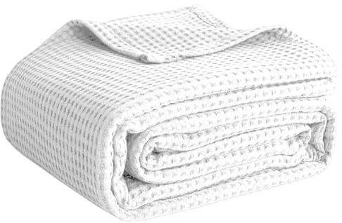 Couverture 100 % coton pour grand lit – Couverture à tissage gaufré pour l'été, couverture tissée douce, légère et respirante pour le printemps, blanc, 228,6 x 228,6 cm (blanc, très grand lit (228,6 x