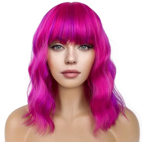 YEESHEDO Damen Perücke Rosarot/Lila Kurz Bob mit pony Locken Natürlich Perücken für Frauen Cosplay Perrucke Wig 35cm