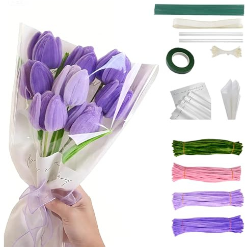 Juego de 400 cepillos para pipa, 4 colores, limpiador de tubos, flores DIY con alambre de flores, cinta crepé, papel floral con cinta de regalo, estambres para regalos
