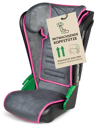 WALSER Auto Kindersitz Noemi, extra schmaler Reisekindersitz (3-8 Jahre) 100-135 cm, klappbare Sitzerhöhung Auto Kinder, ECE R129 Sitzerhöhung waschbar, Autositz Größe 57x46x22 cm Schwarz/Pink