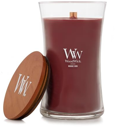 WoodWick Candela profumata con stoppino scoppiettante | Candela clessidra grande Rouge Oud | Candele a lunga combustione: Fino a 130 ore | Regali perfetti per le donne