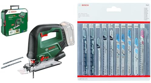 Bosch Akku-Stichsäge AdvancedSaw 18V-140 (3×Sägeblätter, 18-Volt-System, ohne Akku und Ladegerät) + Accessories 10tlg. Stichsägenblätter Set (für Holz und Metall, Zubehör)