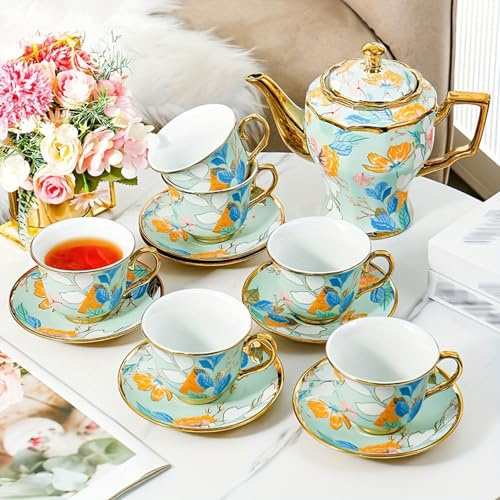 Tea Set with Teapot, 14 Pcs Vintage Porcelain Afternoon Tea Set, Tea Cup Set with Metal Holder and Saucer, European Ceramic Coffee Cup Set Serving 6 People, for Women Tea Party Wedding