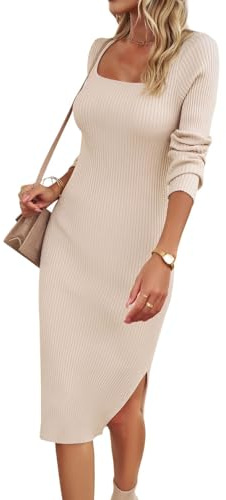 HUXRAKV Maglione Vestito Donna Casual Maniche Lunghe Midi Aderente Abito a Maglia Autunno Inverno,WD41-Albicocca,L