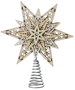 Christbaumspitze Stern mit ausgestanztem Sternmuster 21cm Holz - Weihnachtsbaumspitze mit Spiralhalterung - Sternspitze Aufstecker für den Weihnachtsbaum - Christbaumschmuck & Weihnachtsbaumschmuck