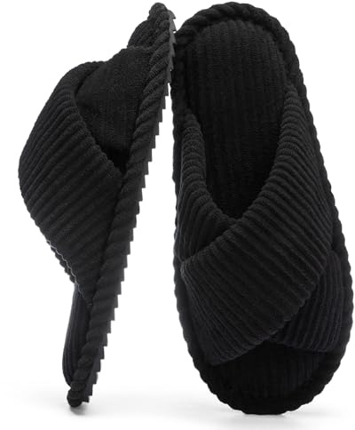 GOEWY Zapatillas Mujeres med minnesskum, Pantuflas de Pana para Hogar, Punta Abierta y Lazo Cruzado, anti-deslizante Suela. Comoda present till Ella, Svart, 36/37 EU