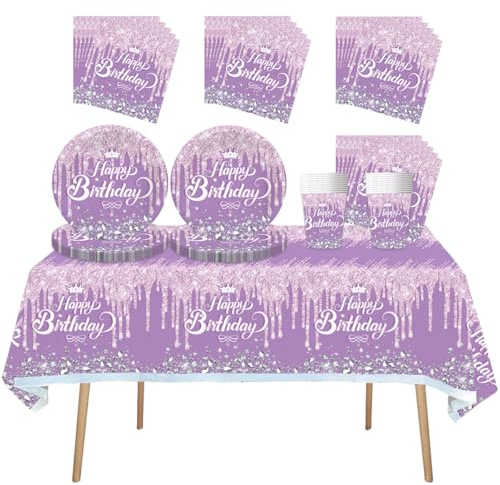 Fuwraixis Vajilla para fiestas de Diamante púrpura, 61 piezas Vajilla infantil para cumpleaños, Morado brillante Juego de platos decorativos de papel para fiestas, Apto para 20 personas