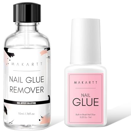Makartt 7ml Brush-On Nail Glue with 10ml Strong Nail Glue Remover,False Nail Remover,Acrylic Nail Remover