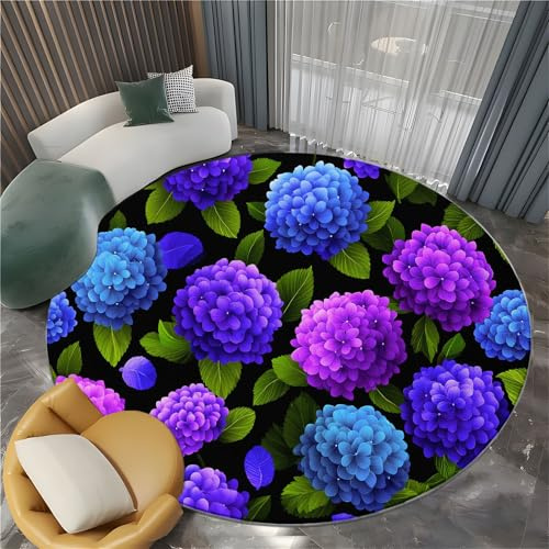 Generico Tappeto Salotto Rotondo Moderno Piante Ortensie Blu-Viola 80 cm Tappeto Camera da Letto Rotondo, Nero Adolescenti Bambini Soggiorno Tappeti Flanella Lavabile Antiscivolo Morbido Tappetino
