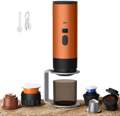 3 en 1 Machine à Café Multi Capsules, CafetièRe Portable, CafetièRes Expresso à Capsules Et Café Moulu, Machine à Expresso éLectrique, 15 Bar, Pour Bureau Voyage Camping Maison (orange+support)