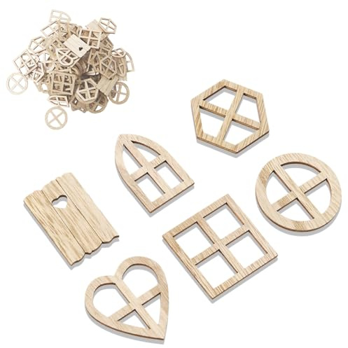 100PCS Wood Window Cutouts, 4 Styles Unfinished House Shaped Wooden Cutouts Blank Wood Tag Ornaments Slices House Craft Embellishments for Crafts Home Projects Decor