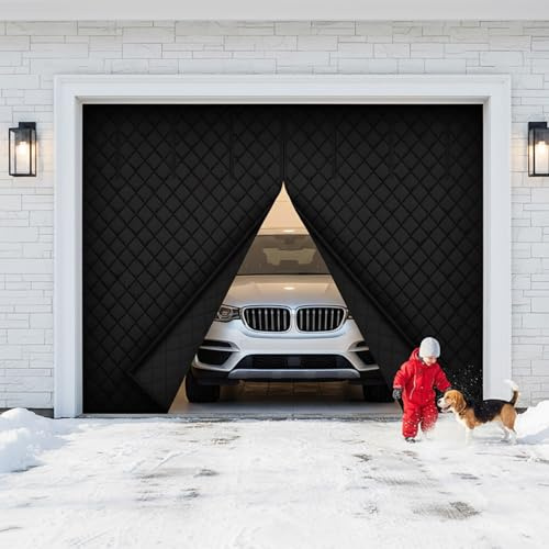 Garage Door Screen, Magnetic Thermal Insulated Door Curtain Cover 6' 7' 8' 9' 10' 12' 14' 16' 18' FT Windproof Garage Doors Blanket Screen, Thicken Cotton Doors Insulation Kit(Black,7X7FT)