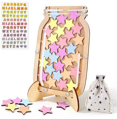 Belohnungstafel Kinder, Acryl-Glas-Dose 30 Sterne Belohnungssystem Wochenplaner Kinder, Belohnungsglas Magnetisch mit Holzhalter Stern Aufkleber, für Kindertagsgeschenk Klassenzimmer Schule Familien