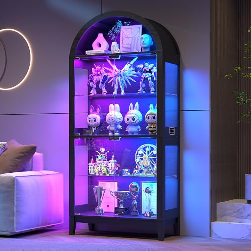 175cm Tall Arched Display Cabinets with Human Body Sensor for Collectibles | Display Cabinet with RGB Lights,5-Shelves Bookcase with Glass Doors,Trophy Storage Cabinets for Bookshelf,Living Room,Black