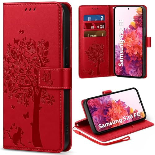 EASDNB Handyhülle für Samsung Galaxy S20 FE Hülle Lederhülle Wallet Case | 3 Kartenfächer, Magnet, Ständer, Premium Leder Prägung, Magnetic Closure, RFID Blockierung Klapphülle, Rot