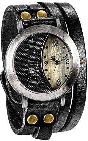 JewelryWe Herren Damen Armbanduhr, Leder Armband Wickelarmband, Retro Eiffelturm Design mit Strass, Analog Quarz Uhr, einfaches Digital Zifferblatt, 3 Farben